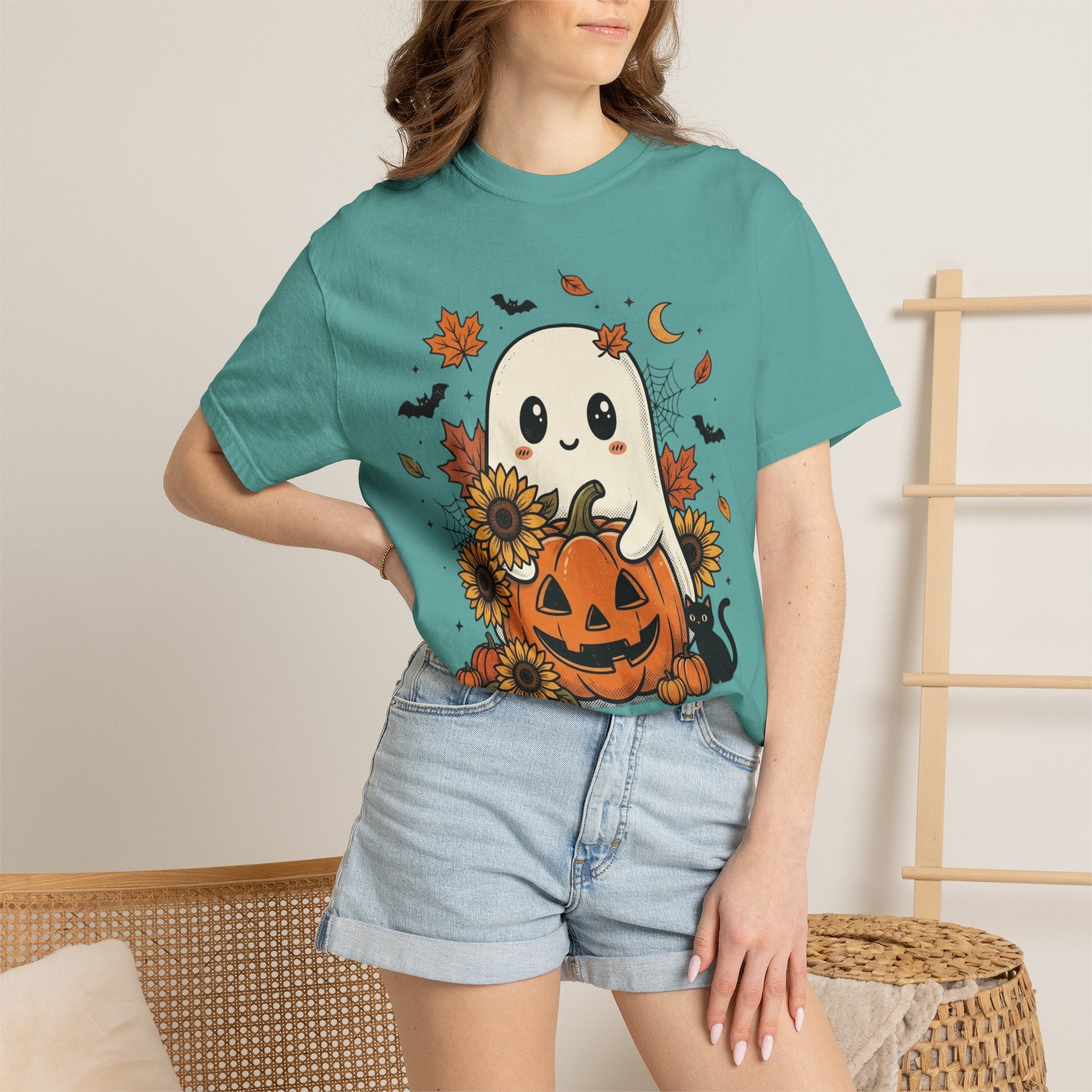 Cute Ghost Pumpkin Halloween T-Shirt — Sunflowers & Jack-O'-Lantern Tee