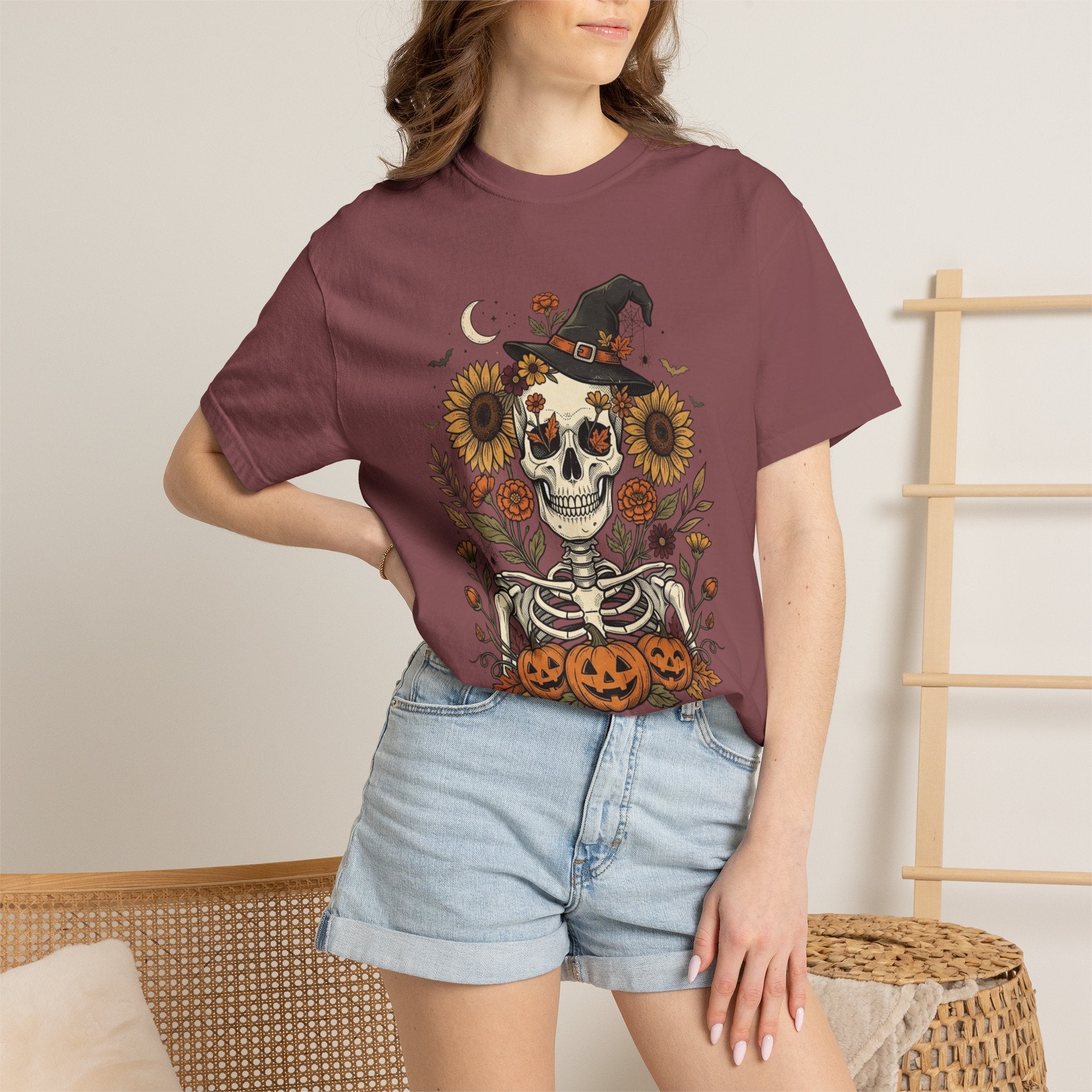 Halloween Skeleton Witch T-Shirt — Pumpkin & Sunflower Spooky Graphic Tee