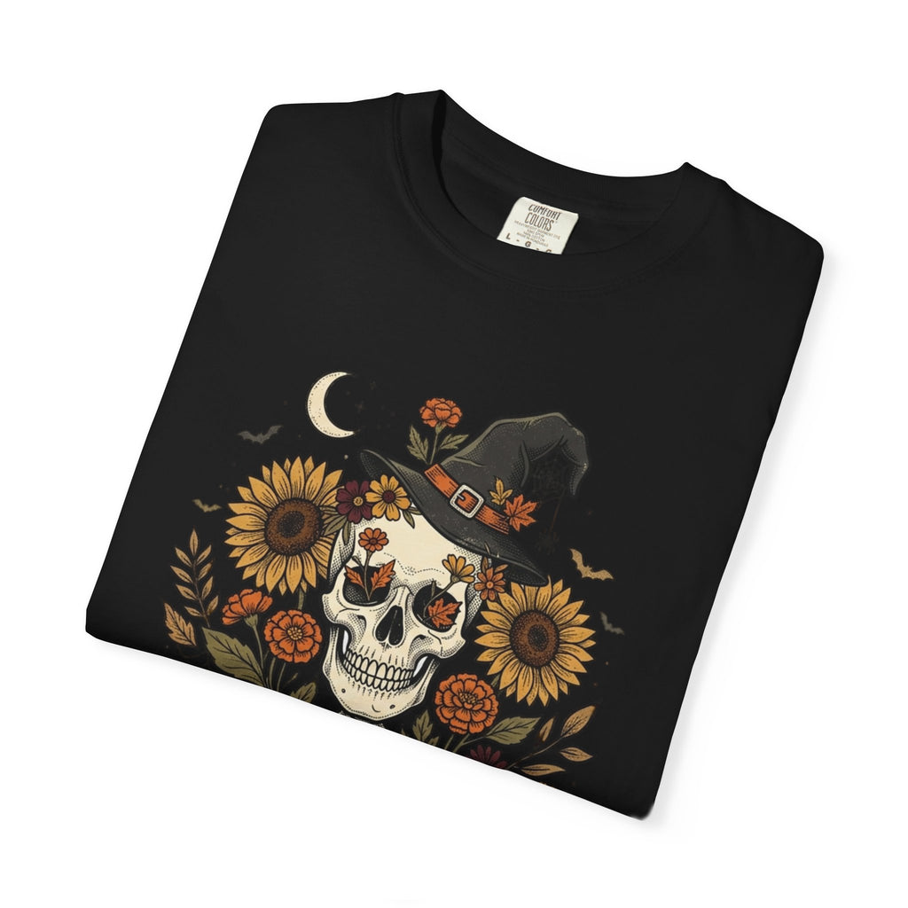 Halloween Skeleton Witch T-Shirt — Pumpkin & Sunflower Spooky Graphic Tee