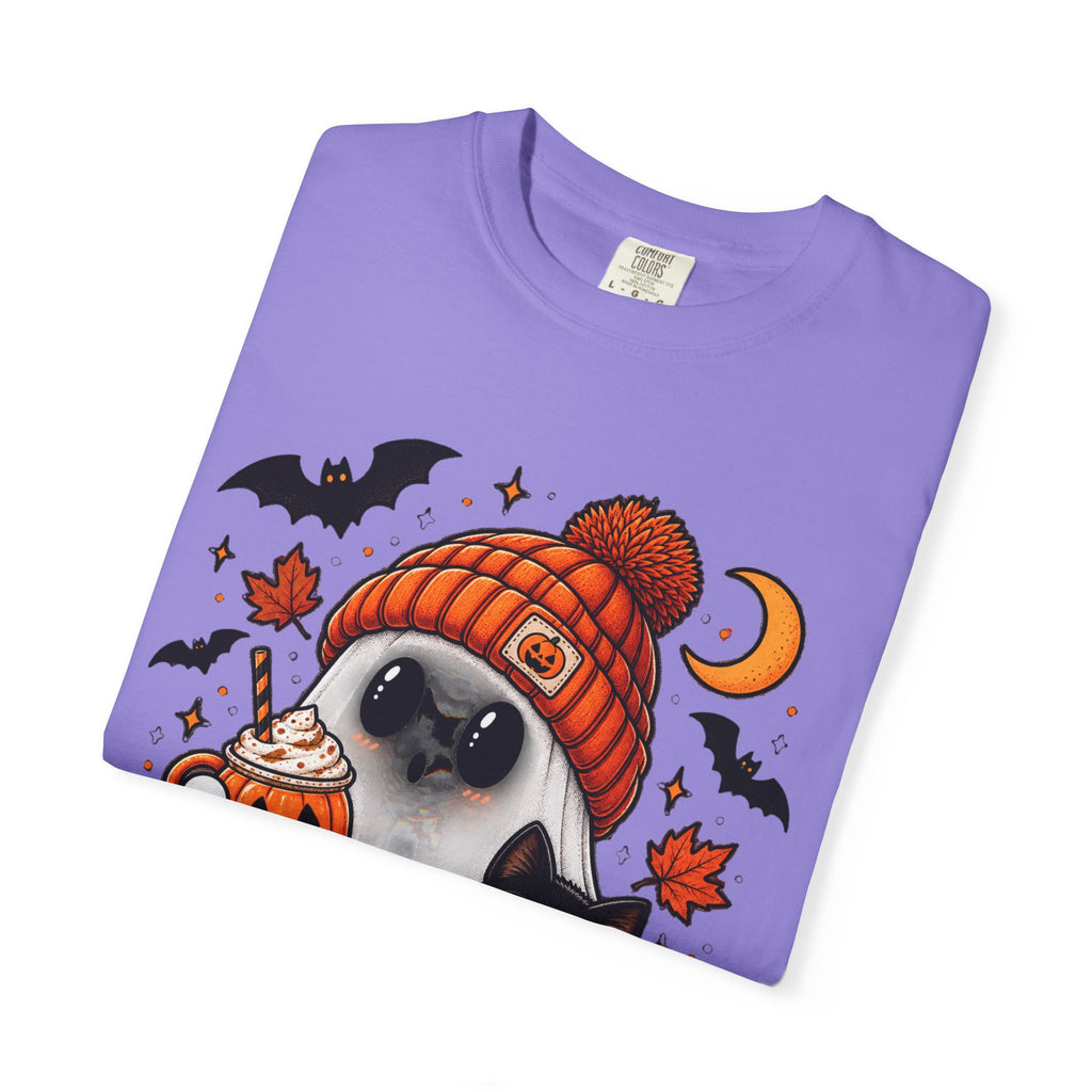 Halloween Ghost & Black Cat T-Shirt — Cute Pumpkin Beanie Design