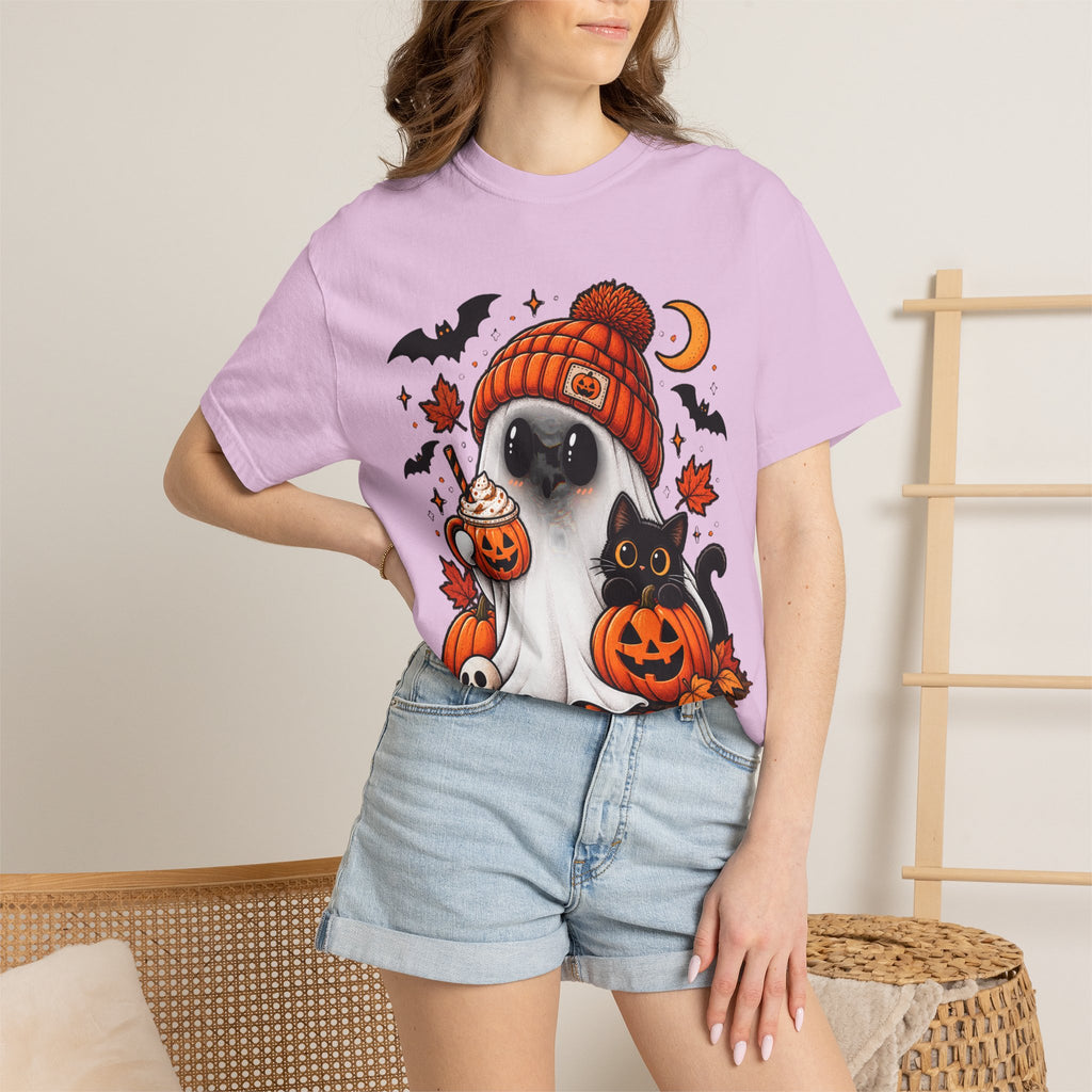 Halloween Ghost & Black Cat T-Shirt — Cute Pumpkin Beanie Design