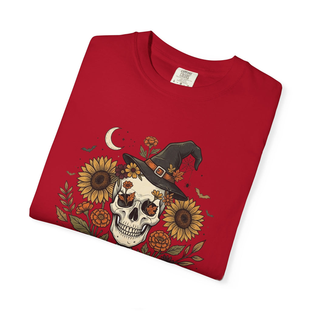 Halloween Skeleton Witch T-Shirt — Pumpkin & Sunflower Spooky Graphic Tee
