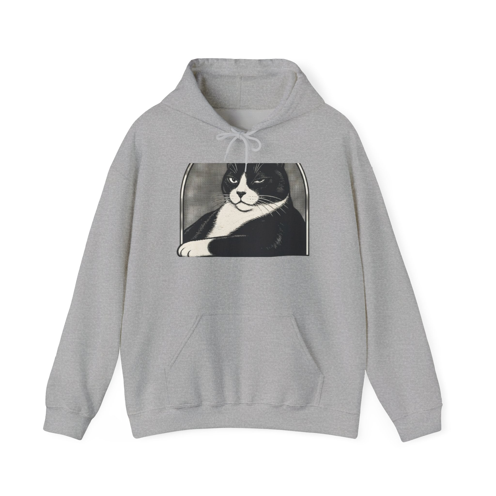 Gray hoodie with spooky black and white cat graphic, perfect Halloween cat lover gift