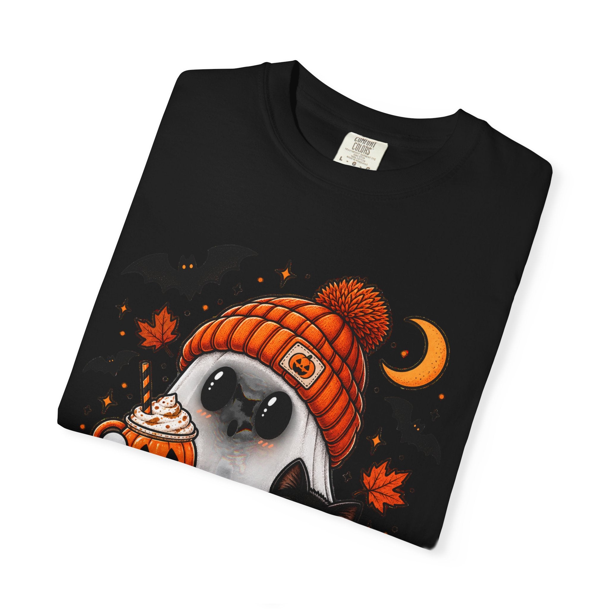 Halloween Ghost & Black Cat T-Shirt — Cute Pumpkin Beanie Design