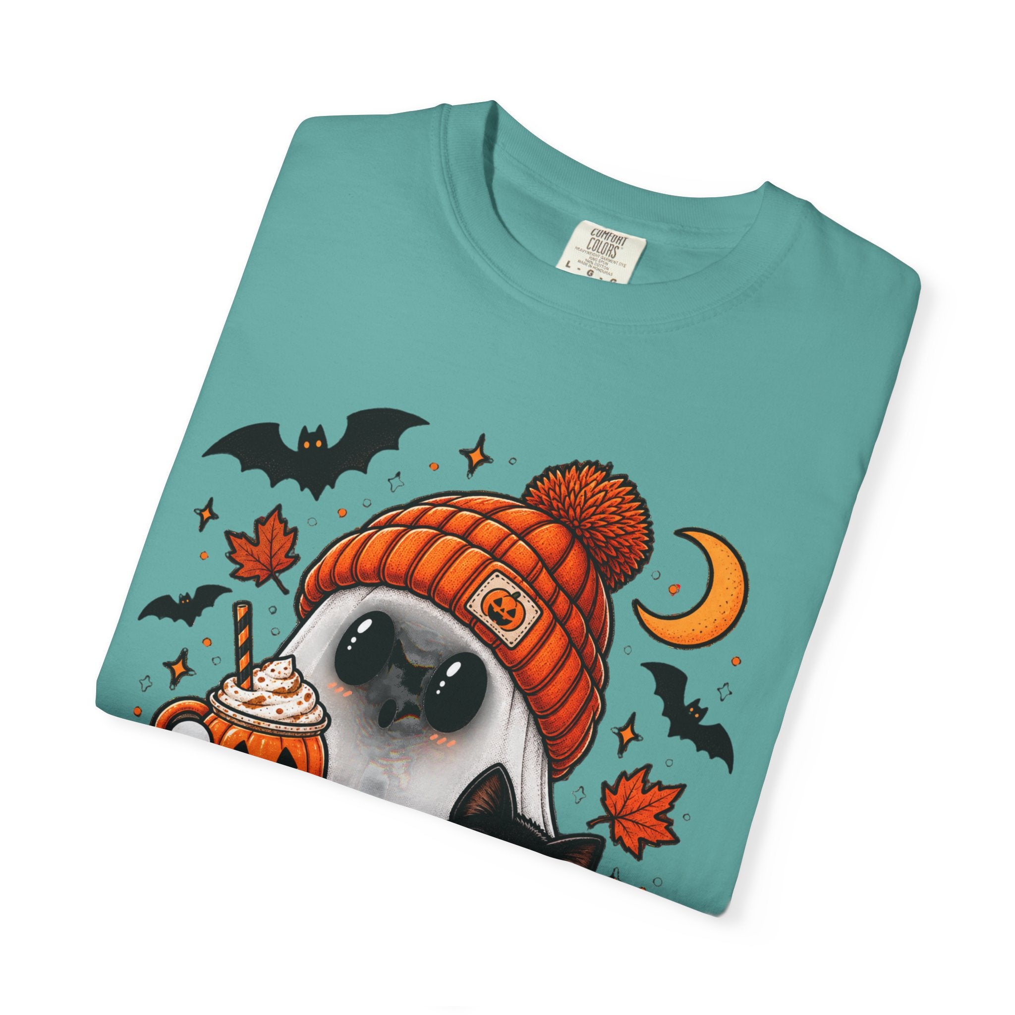 Halloween Ghost & Black Cat T-Shirt — Cute Pumpkin Beanie Design