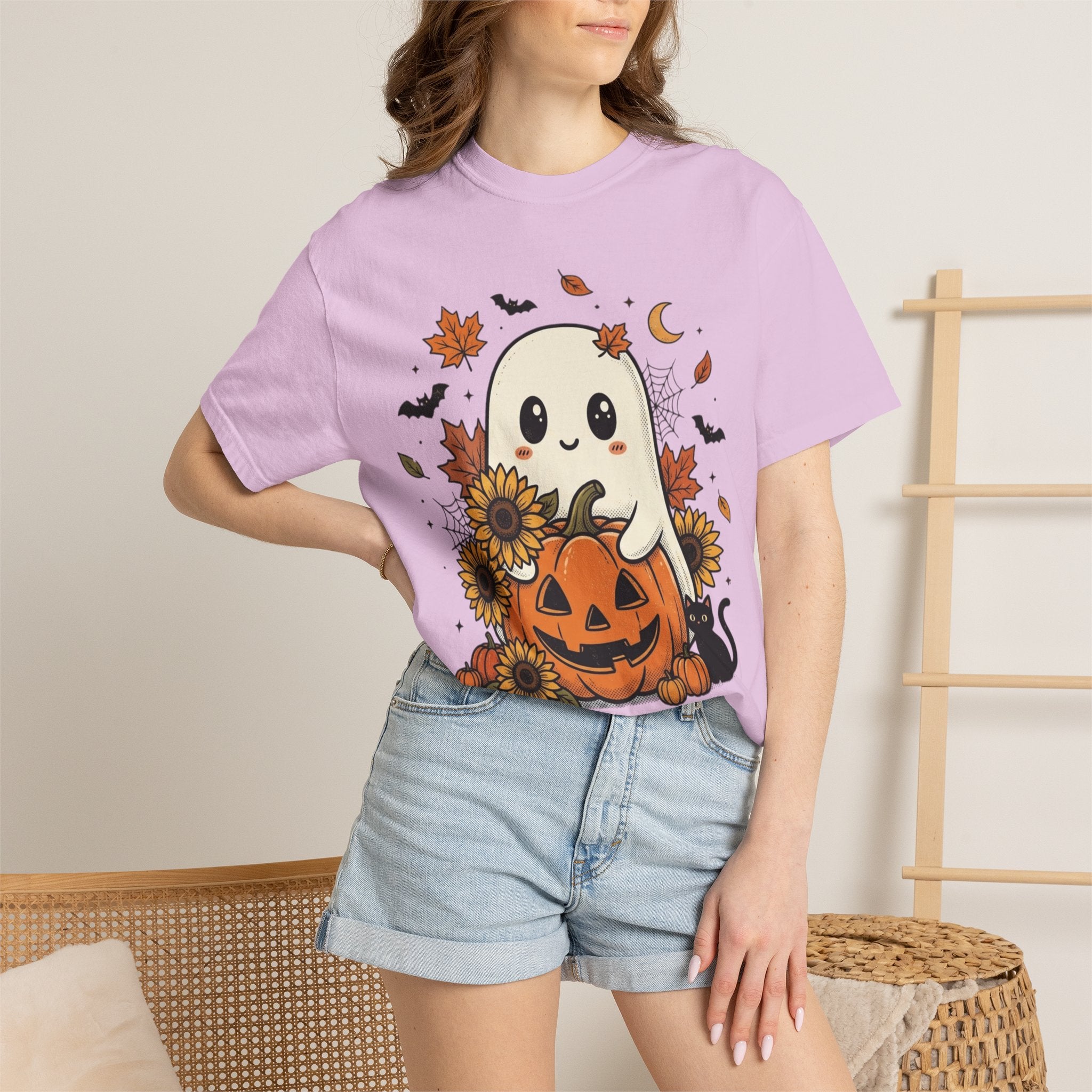 Cute Ghost Pumpkin Halloween T-Shirt — Sunflowers & Jack-O'-Lantern Tee