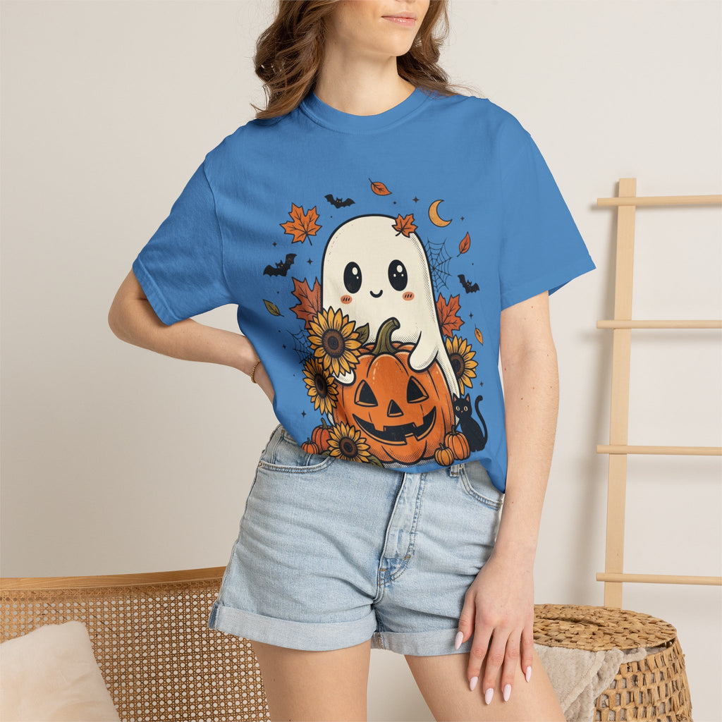 Cute Ghost Pumpkin Halloween T-Shirt — Sunflowers & Jack-O'-Lantern Tee