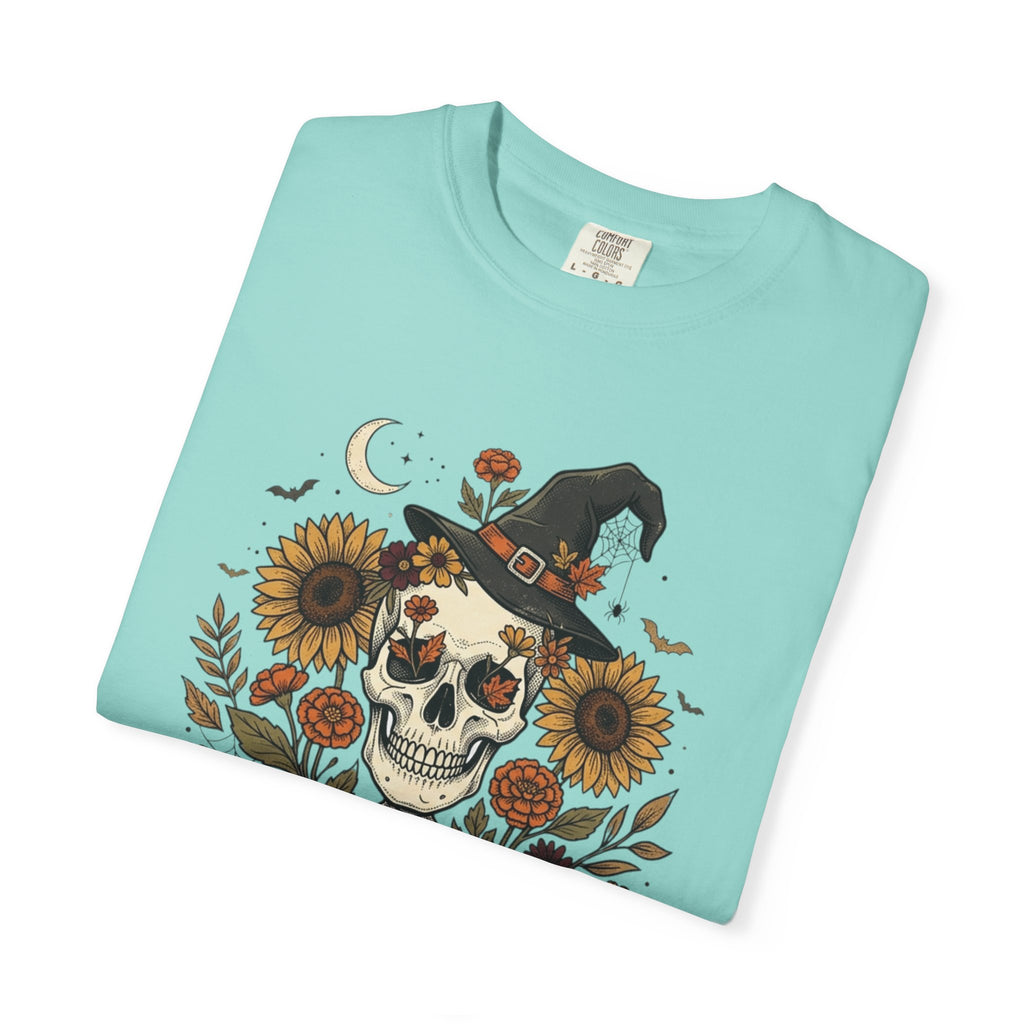 Halloween Skeleton Witch T-Shirt — Pumpkin & Sunflower Spooky Graphic Tee