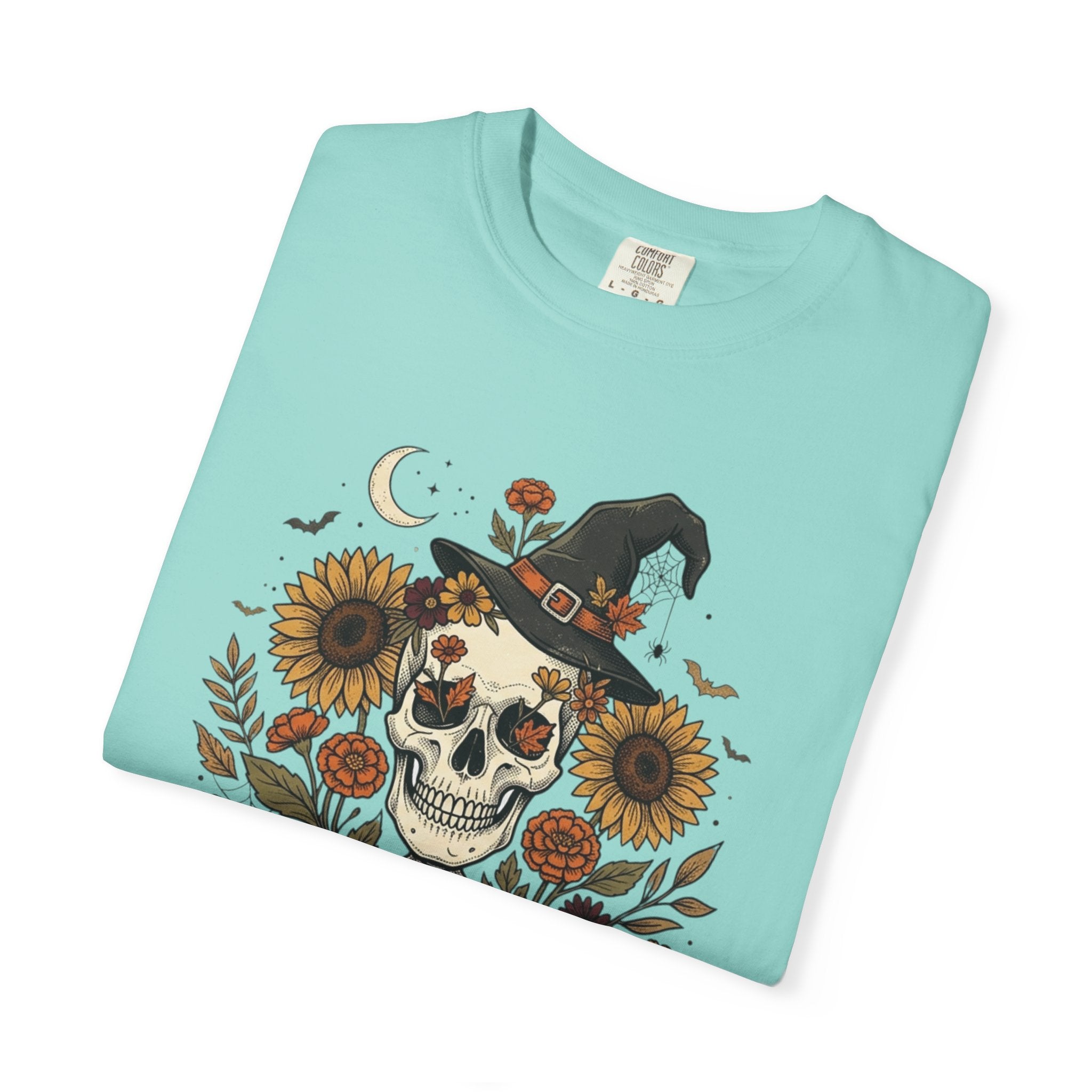 Halloween Skeleton Witch T-Shirt — Pumpkin & Sunflower Spooky Graphic Tee