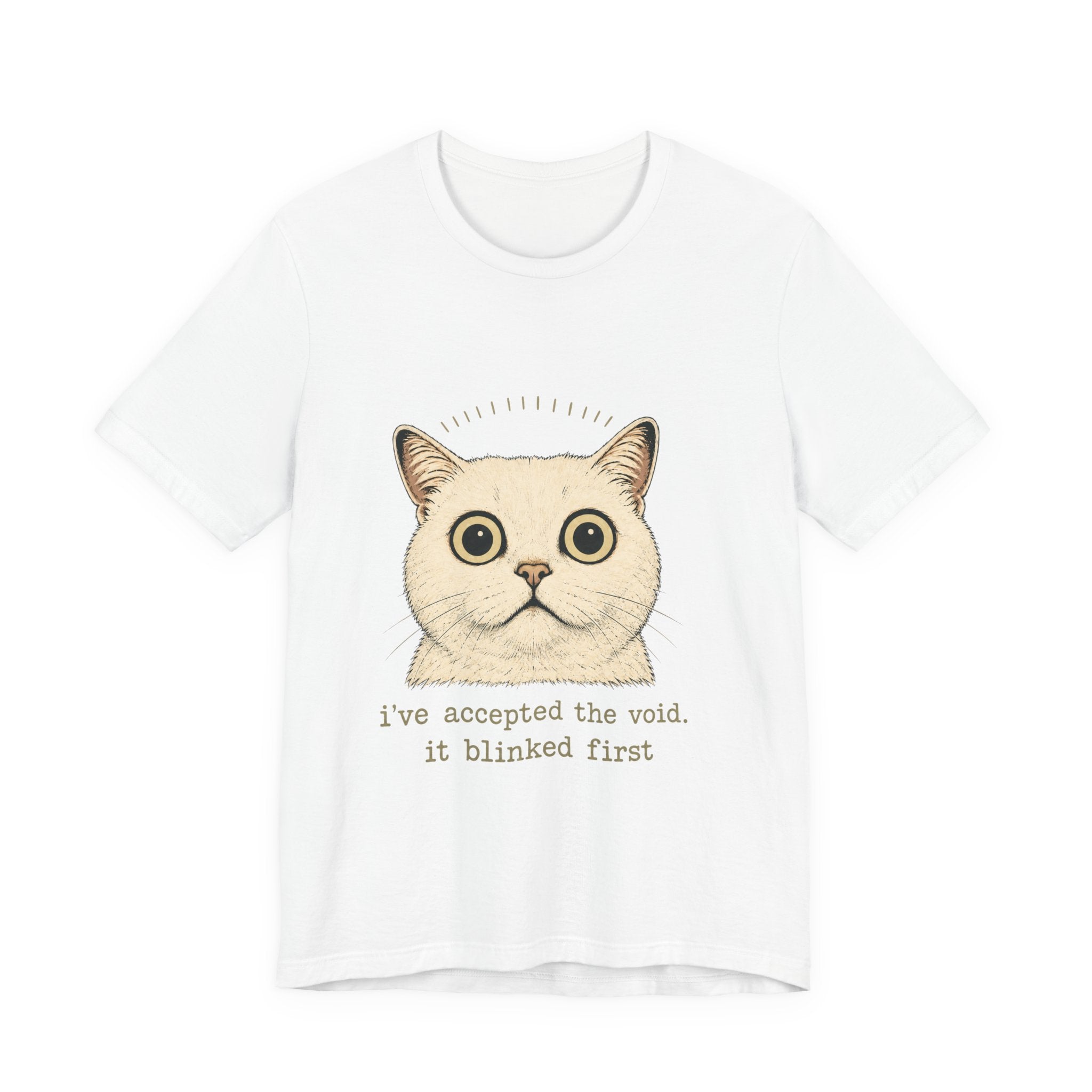 Cute cat Halloween T-shirt with funny text 'I've accepted the void. It blinked first' for cat lovers.
