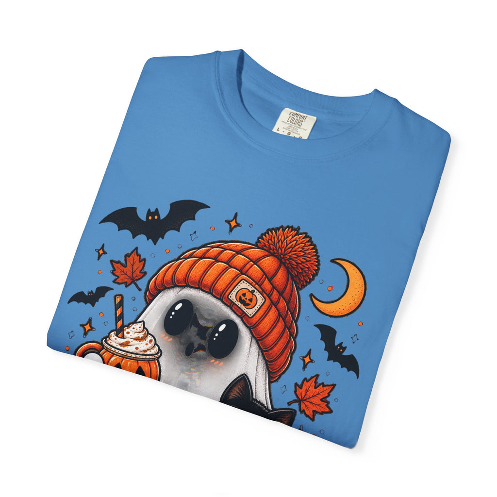 Halloween Ghost & Black Cat T-Shirt — Cute Pumpkin Beanie Design