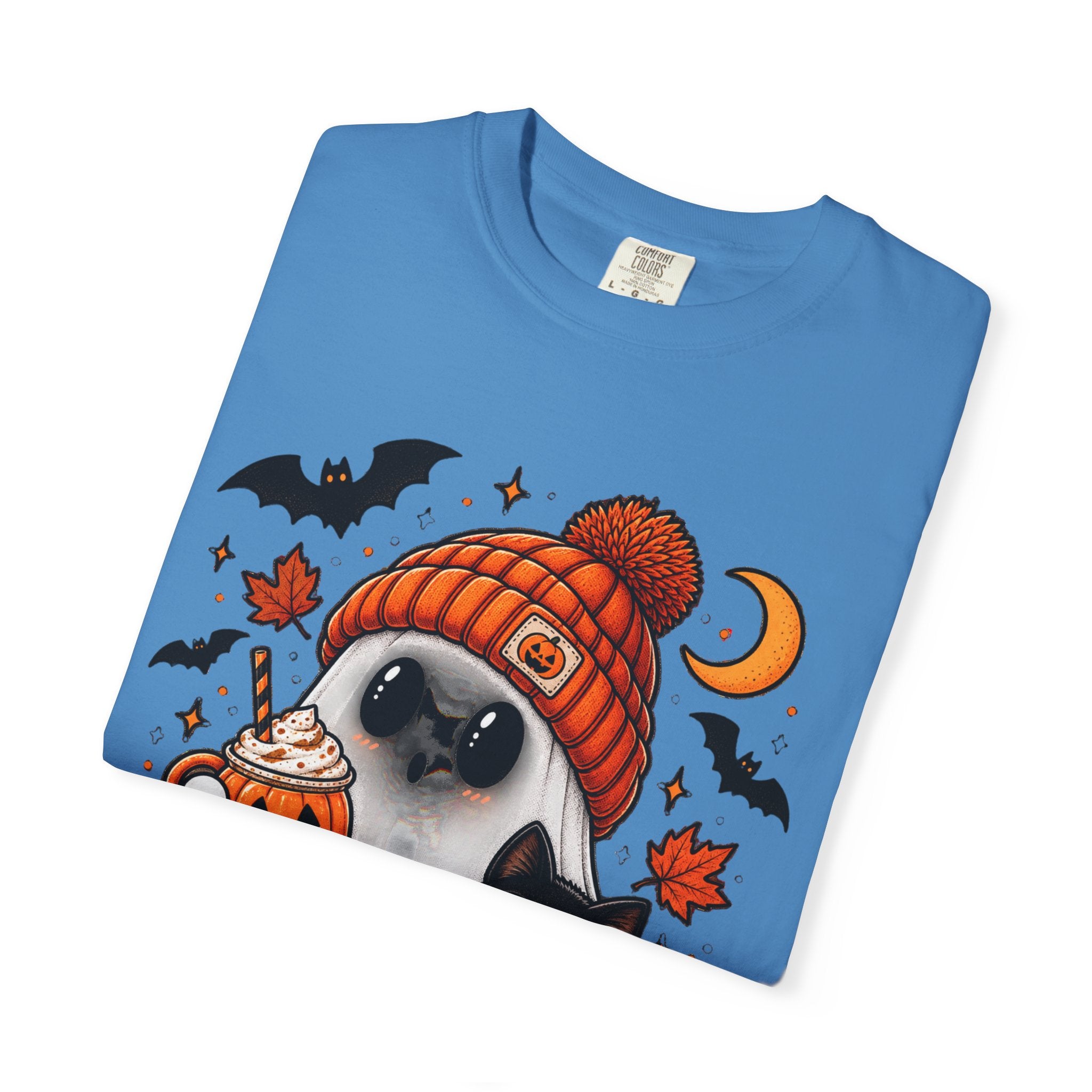 Halloween Ghost & Black Cat T-Shirt — Cute Pumpkin Beanie Design