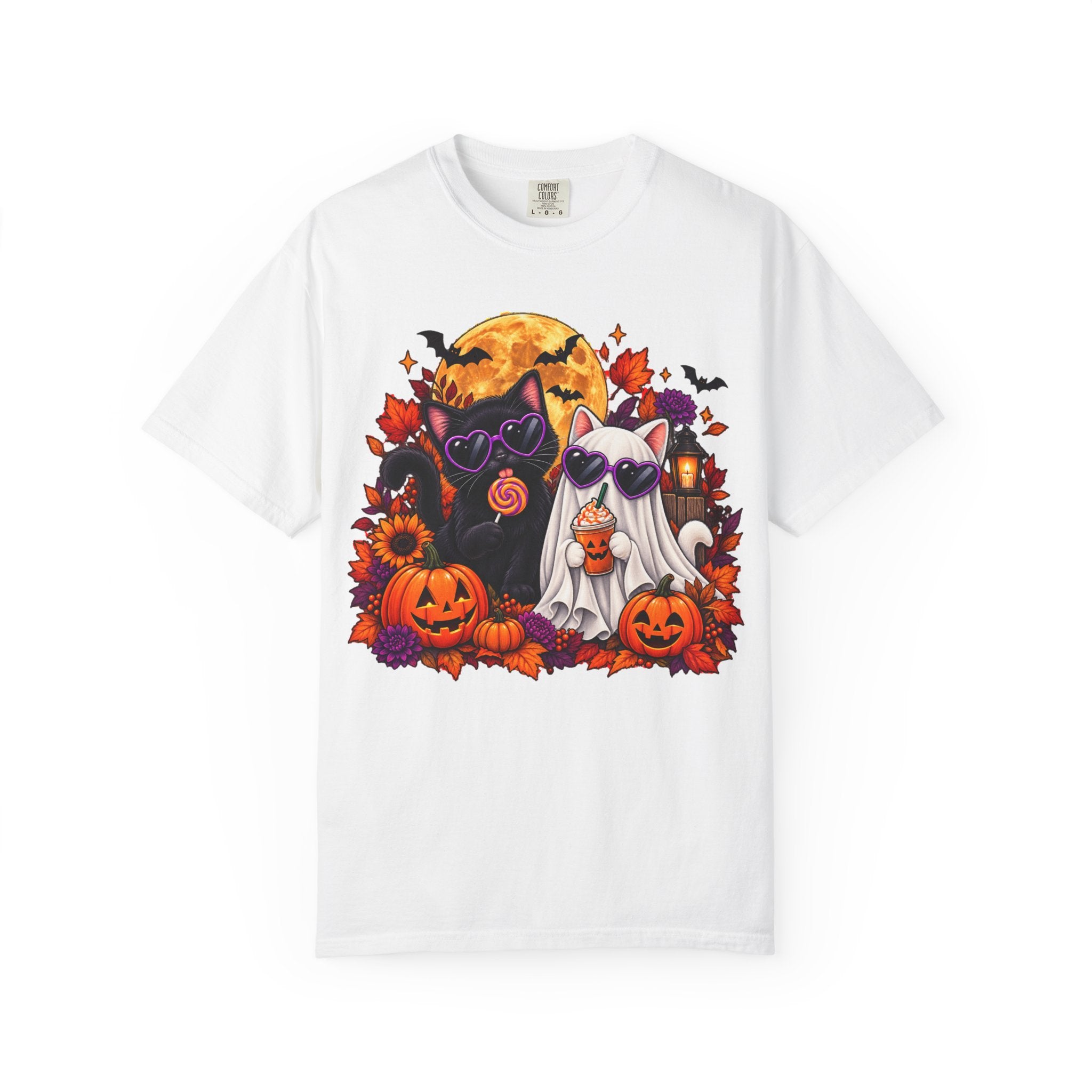 Cute Halloween Cat Shirt with Pumpkins, Ghost Cat Spooky Autumn Tee