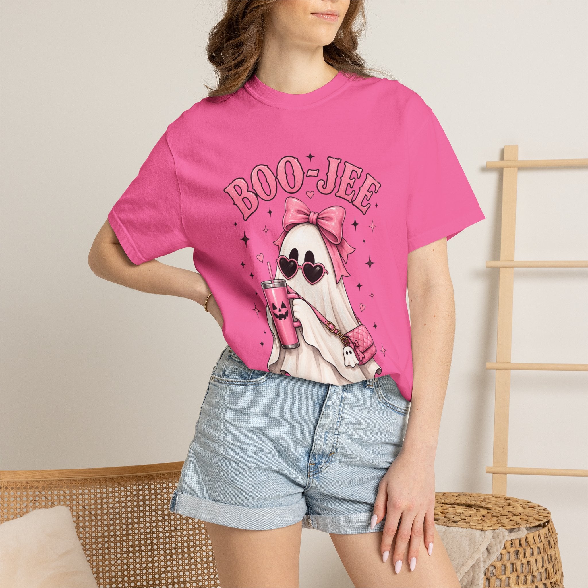 Boo-Jee Cute Ghost Tee — Pink Halloween Graphic T-Shirt