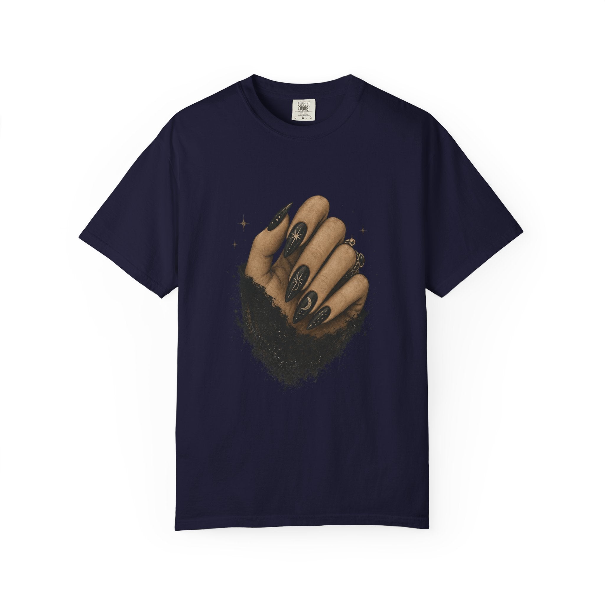 Unisex garment-dyed gothic tee, black nail art print