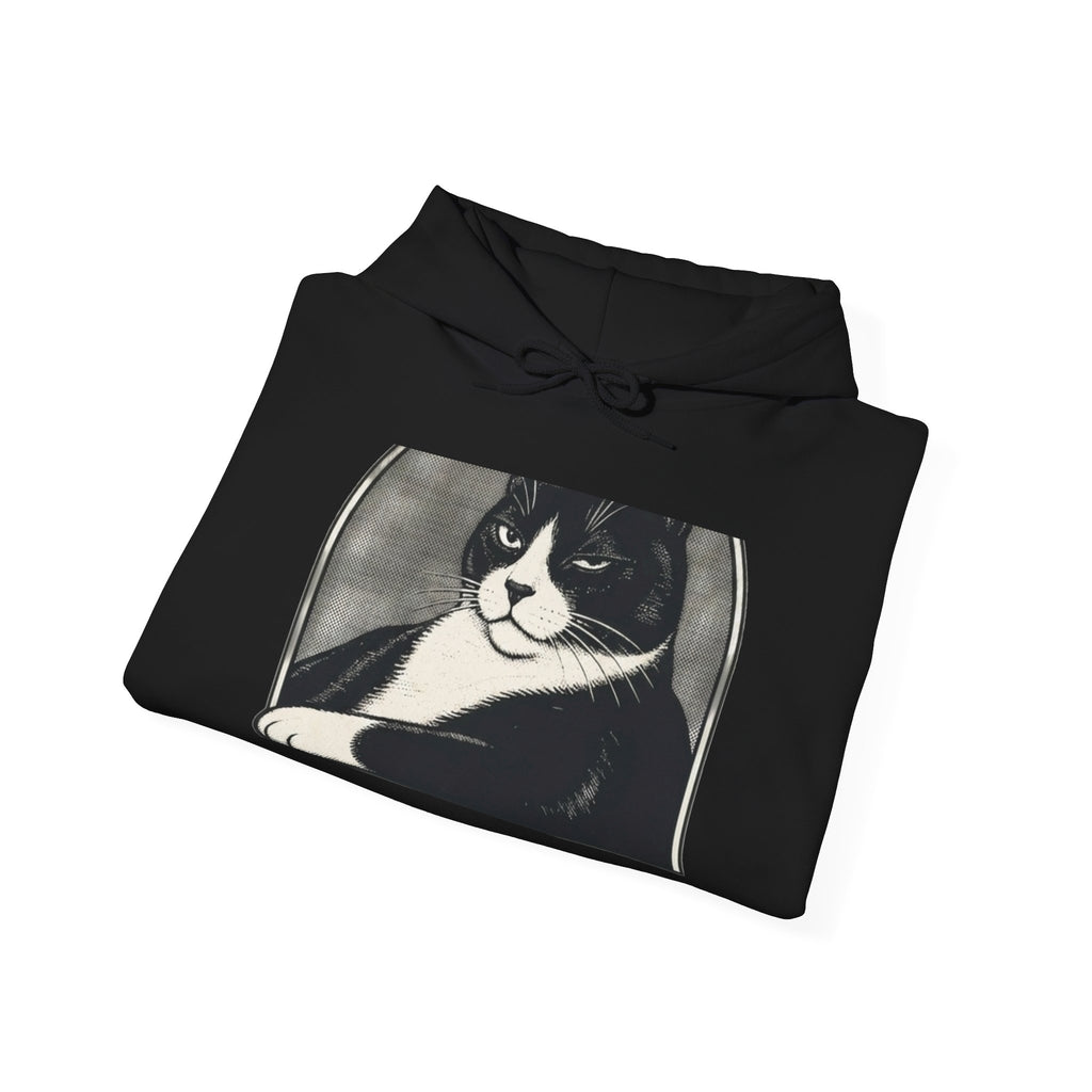 Black hoodie with spooky black and white cat graphic, perfect Halloween cat lover gift