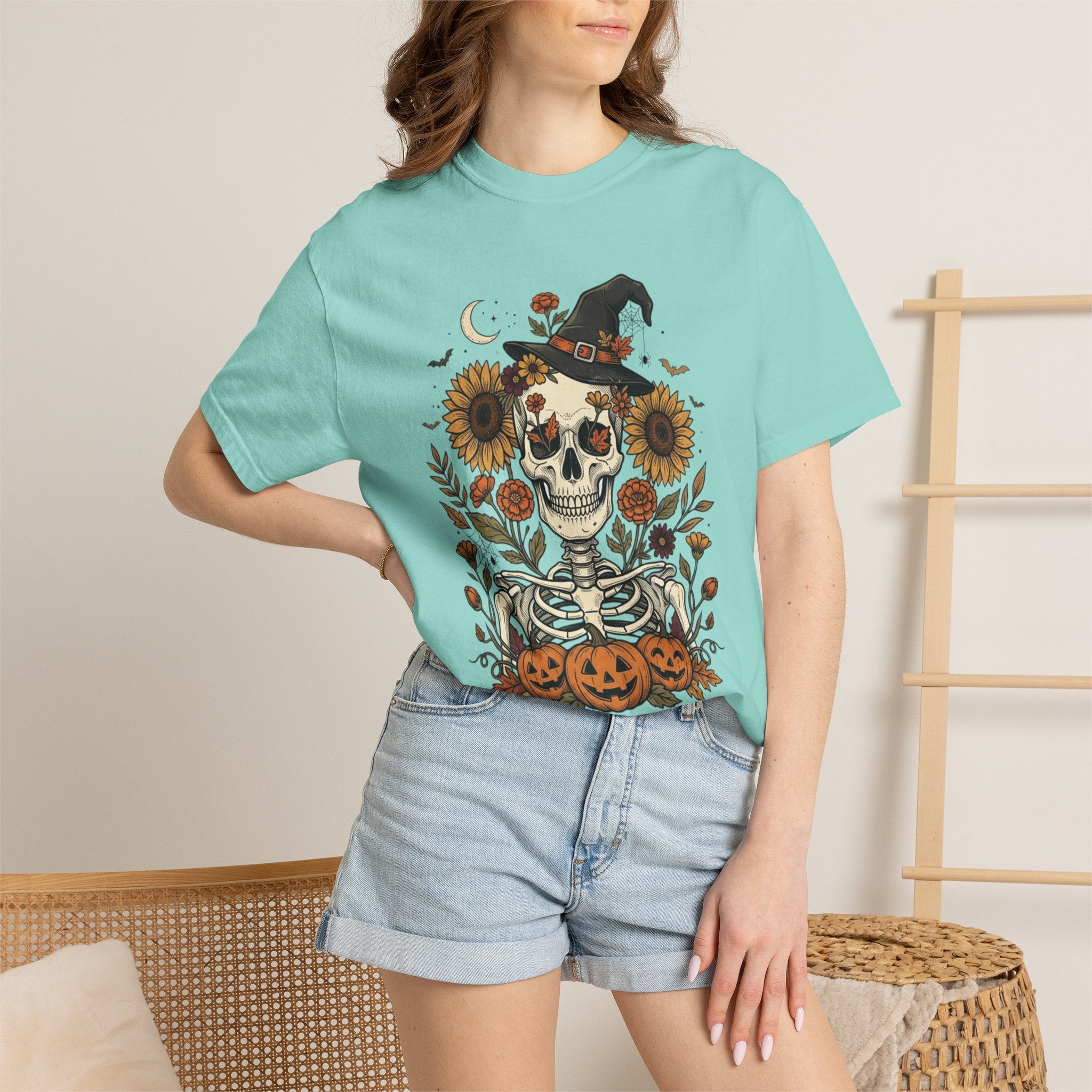 Halloween Skeleton Witch T-Shirt — Pumpkin & Sunflower Spooky Graphic Tee