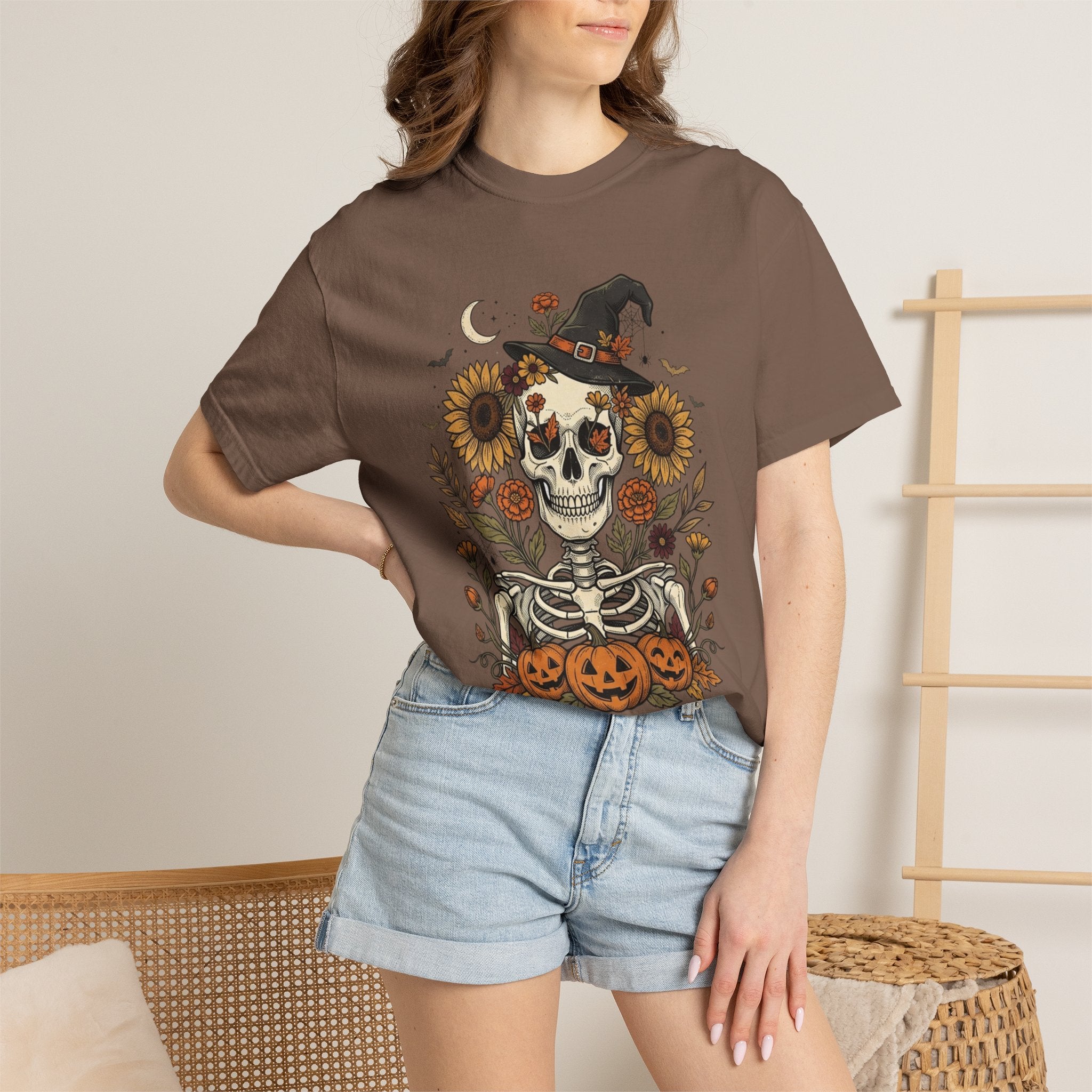 Halloween Skeleton Witch T-Shirt — Pumpkin & Sunflower Spooky Graphic Tee