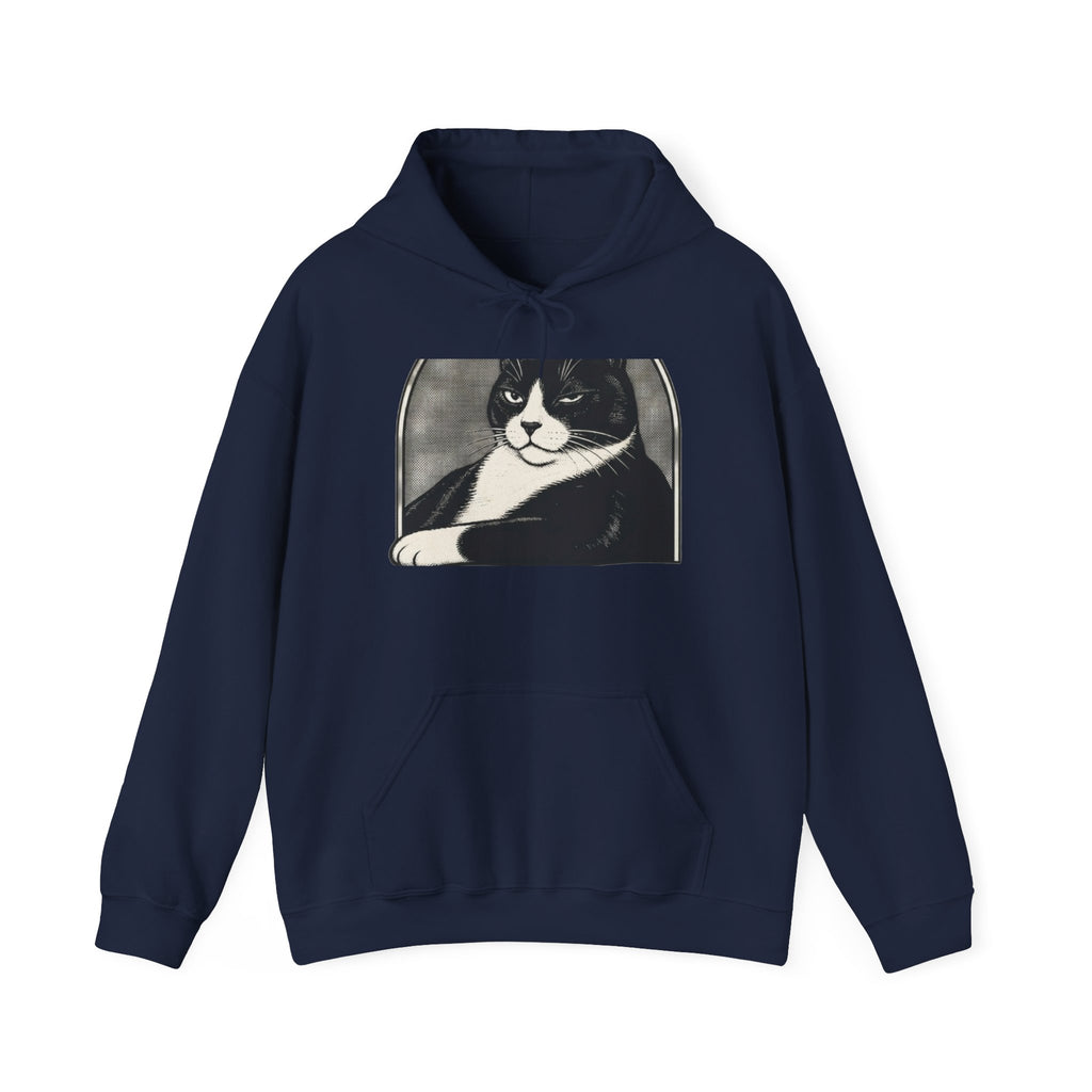 Navy hoodie with spooky black and white cat graphic, perfect Halloween cat lover gift