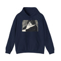 Navy hoodie with spooky black and white cat graphic, perfect Halloween cat lover gift