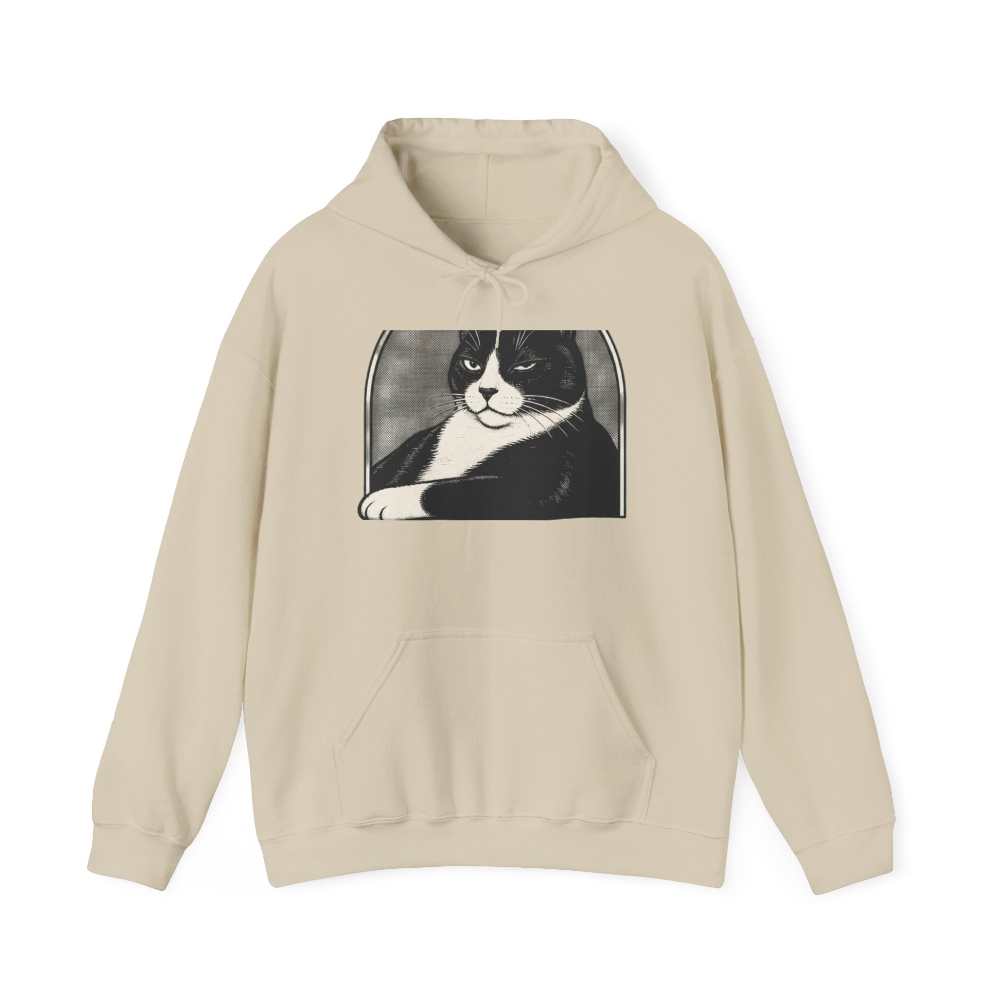 Beige hoodie with black and white cat graphic, perfect for cat lovers and Halloween gifts