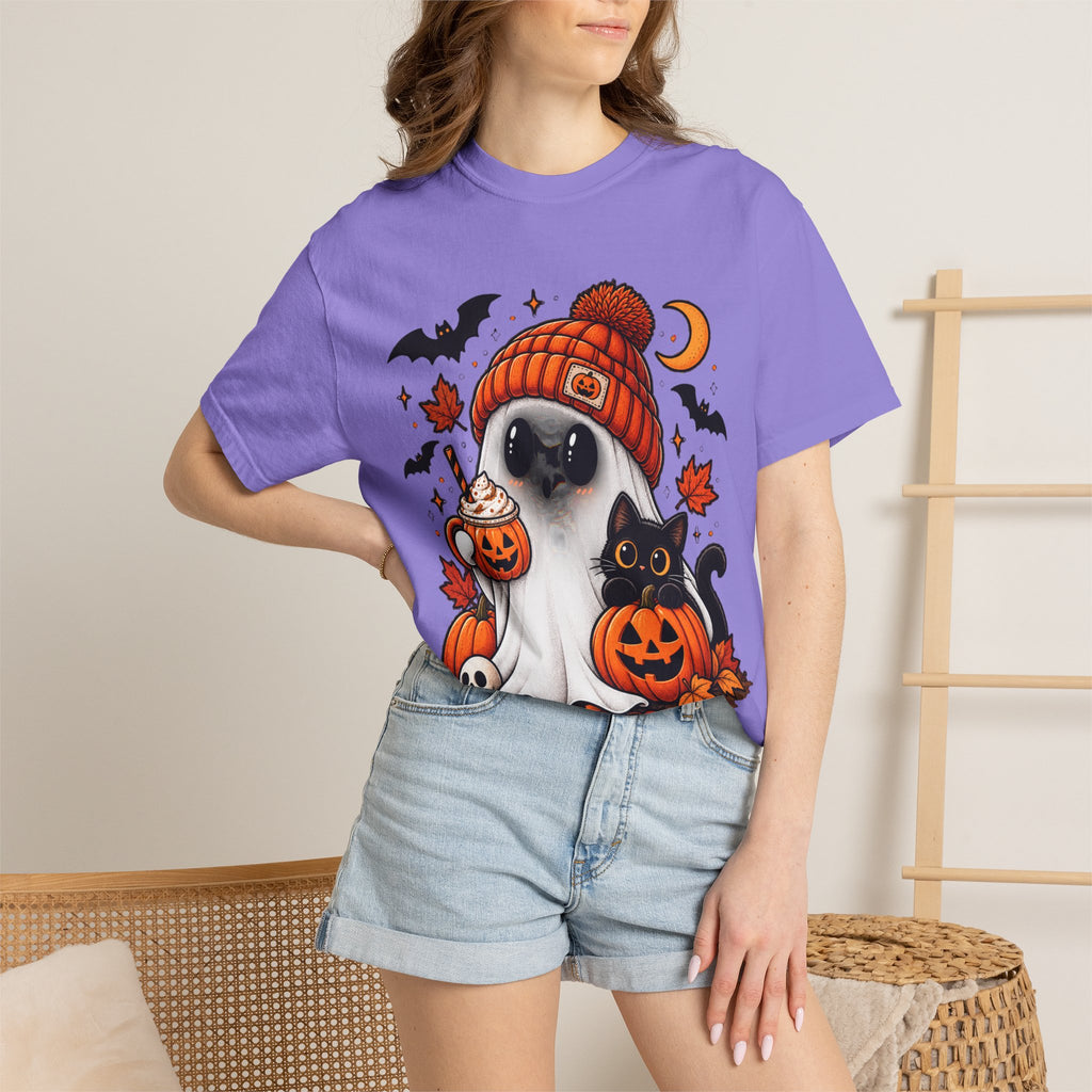 Halloween Ghost & Black Cat T-Shirt — Cute Pumpkin Beanie Design