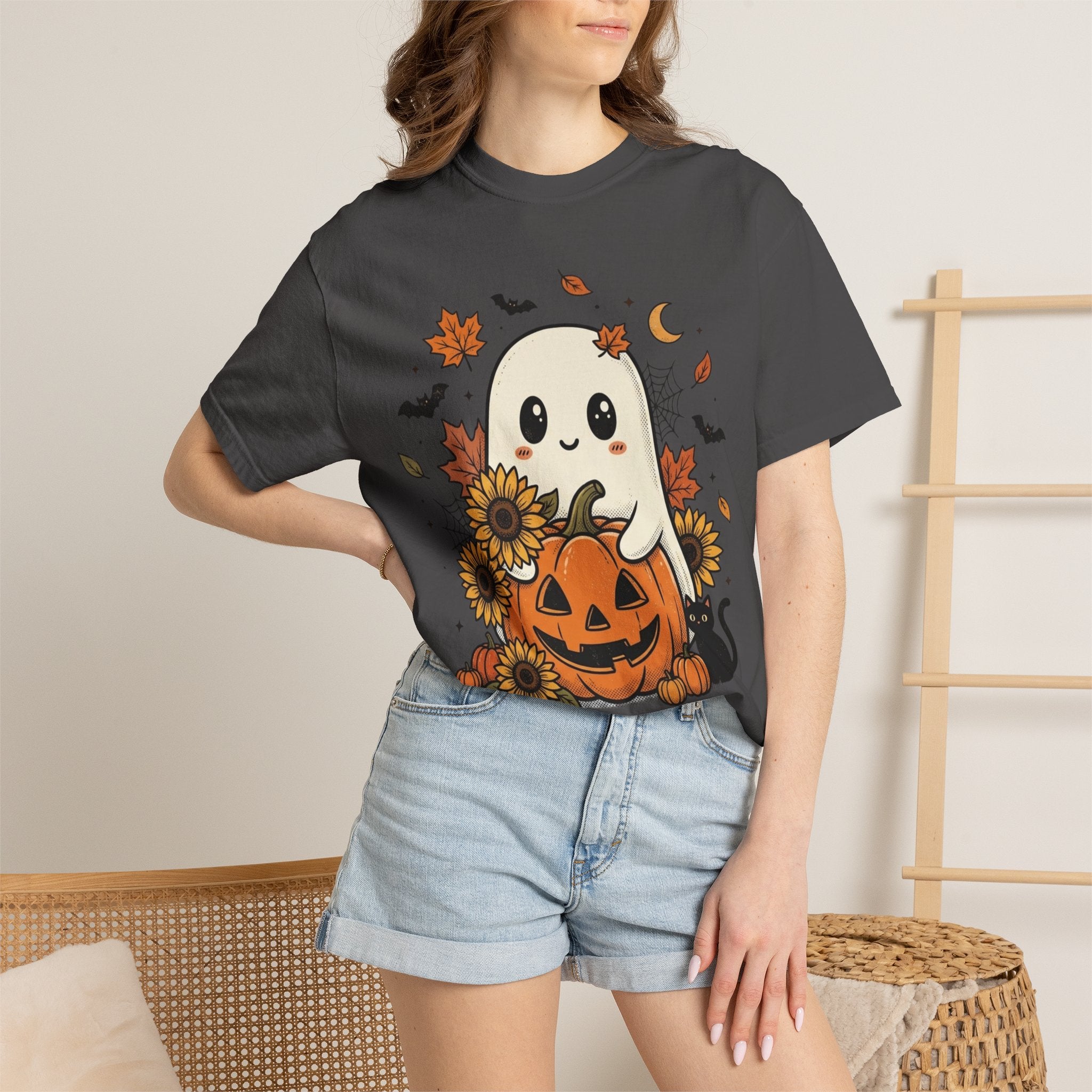 Cute Ghost Pumpkin Halloween T-Shirt — Sunflowers & Jack-O'-Lantern Tee