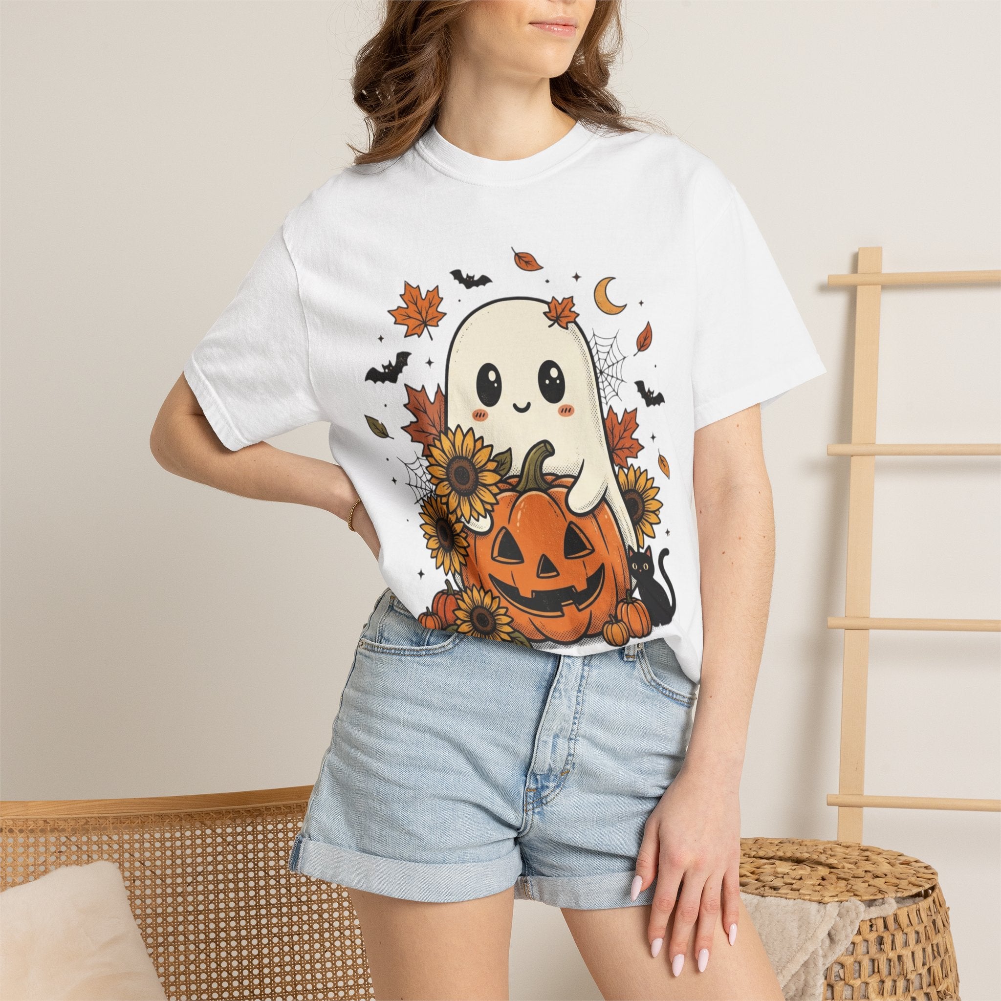 Cute Ghost Pumpkin Halloween T-Shirt — Sunflowers & Jack-O'-Lantern Tee
