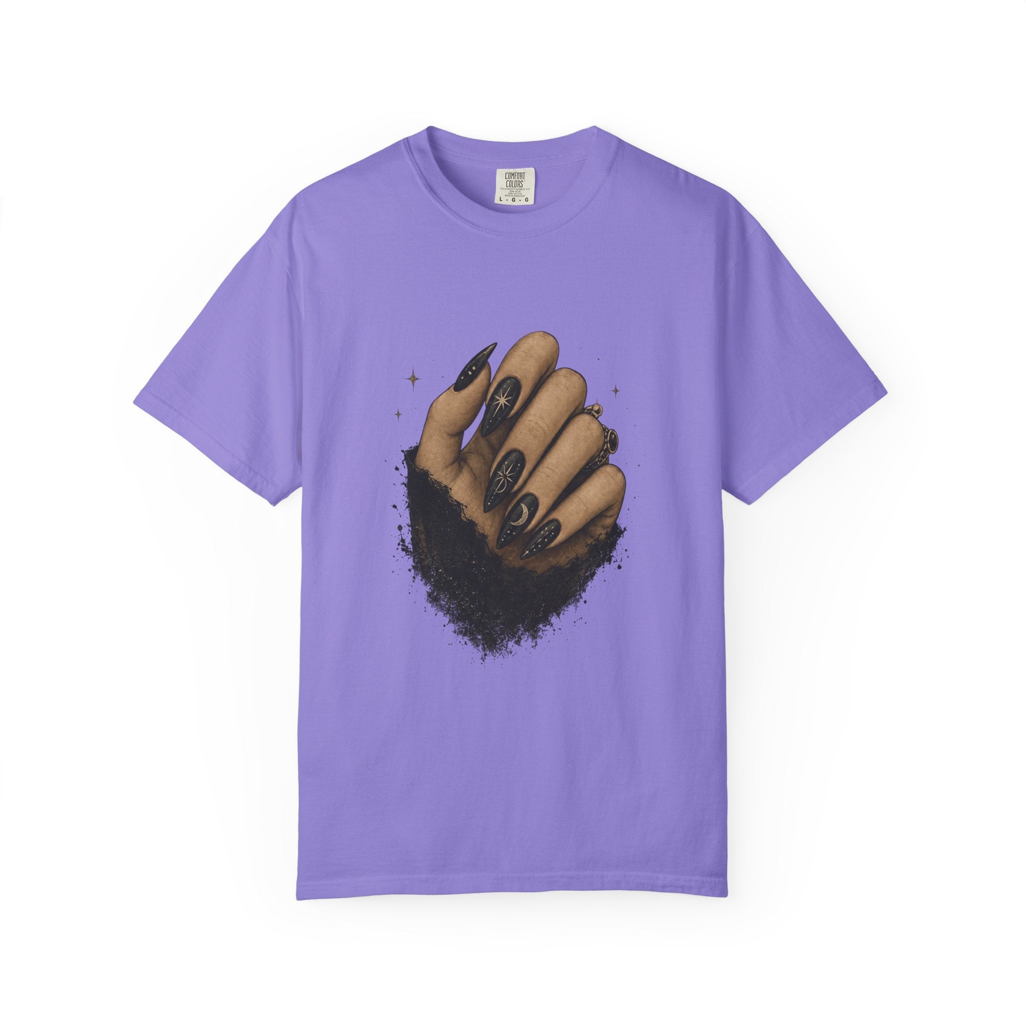 Black gothic nail art graphic t-shirt, dark aesthetic design