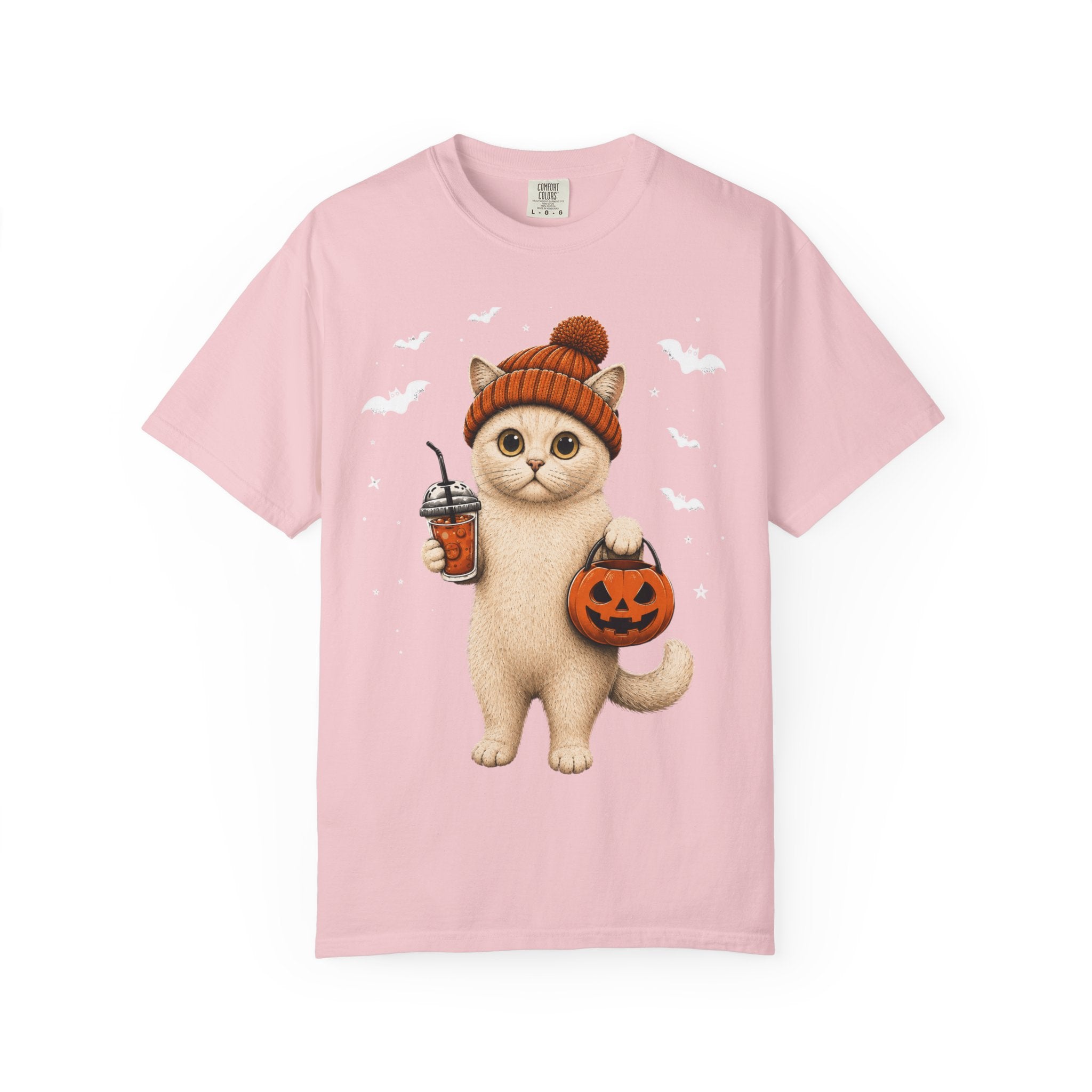 Halloween Cat T-Shirt | Cute Kitty with Pumpkin Bucket & Coffee