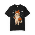 Halloween Cat T-Shirt | Cute Kitty with Pumpkin Bucket & Coffee