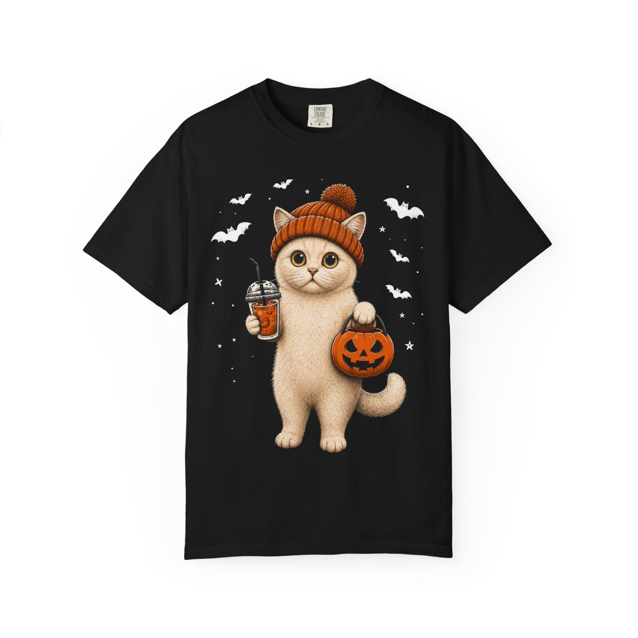 Halloween Cat T-Shirt | Cute Kitty with Pumpkin Bucket & Coffee