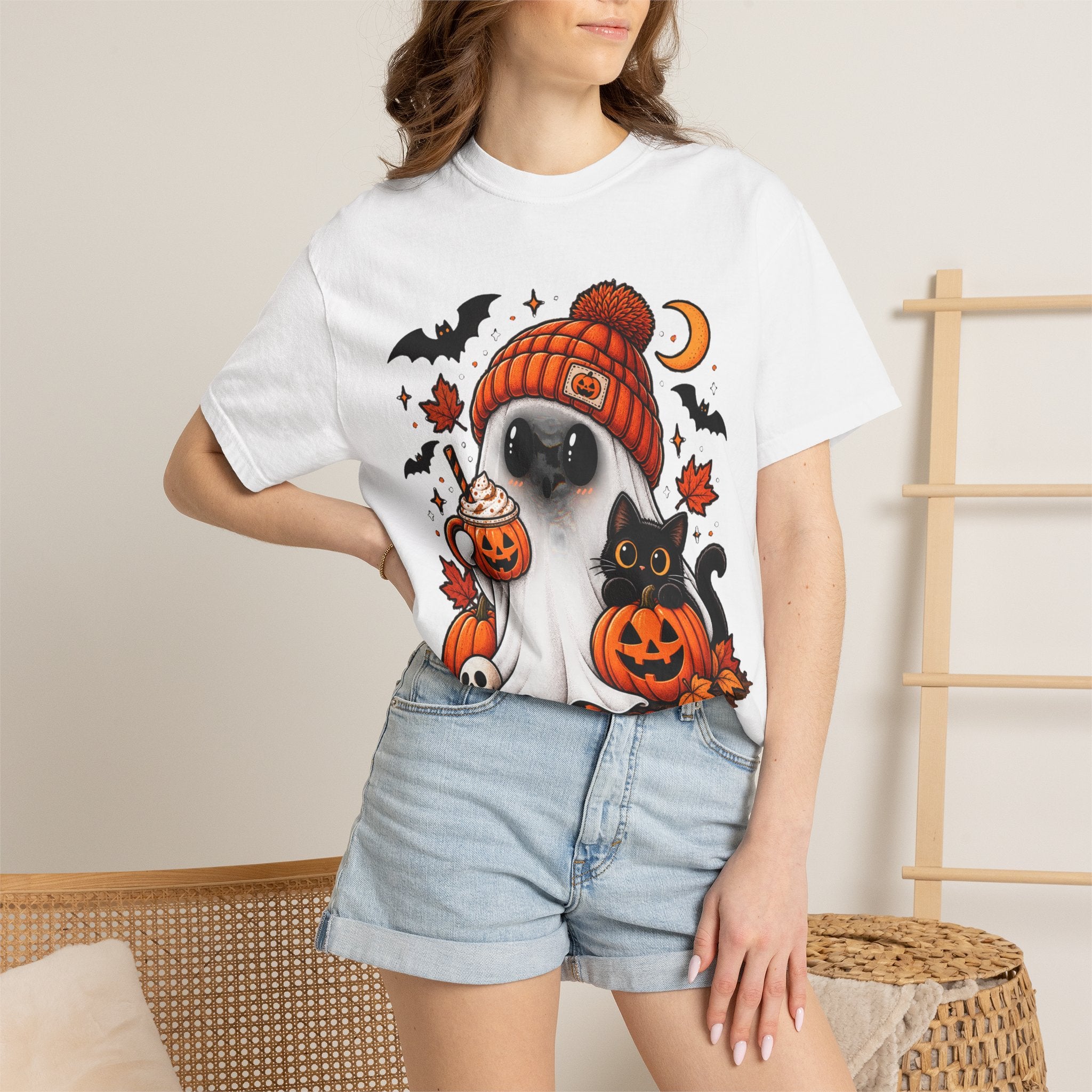 Halloween Ghost & Black Cat T-Shirt — Cute Pumpkin Beanie Design