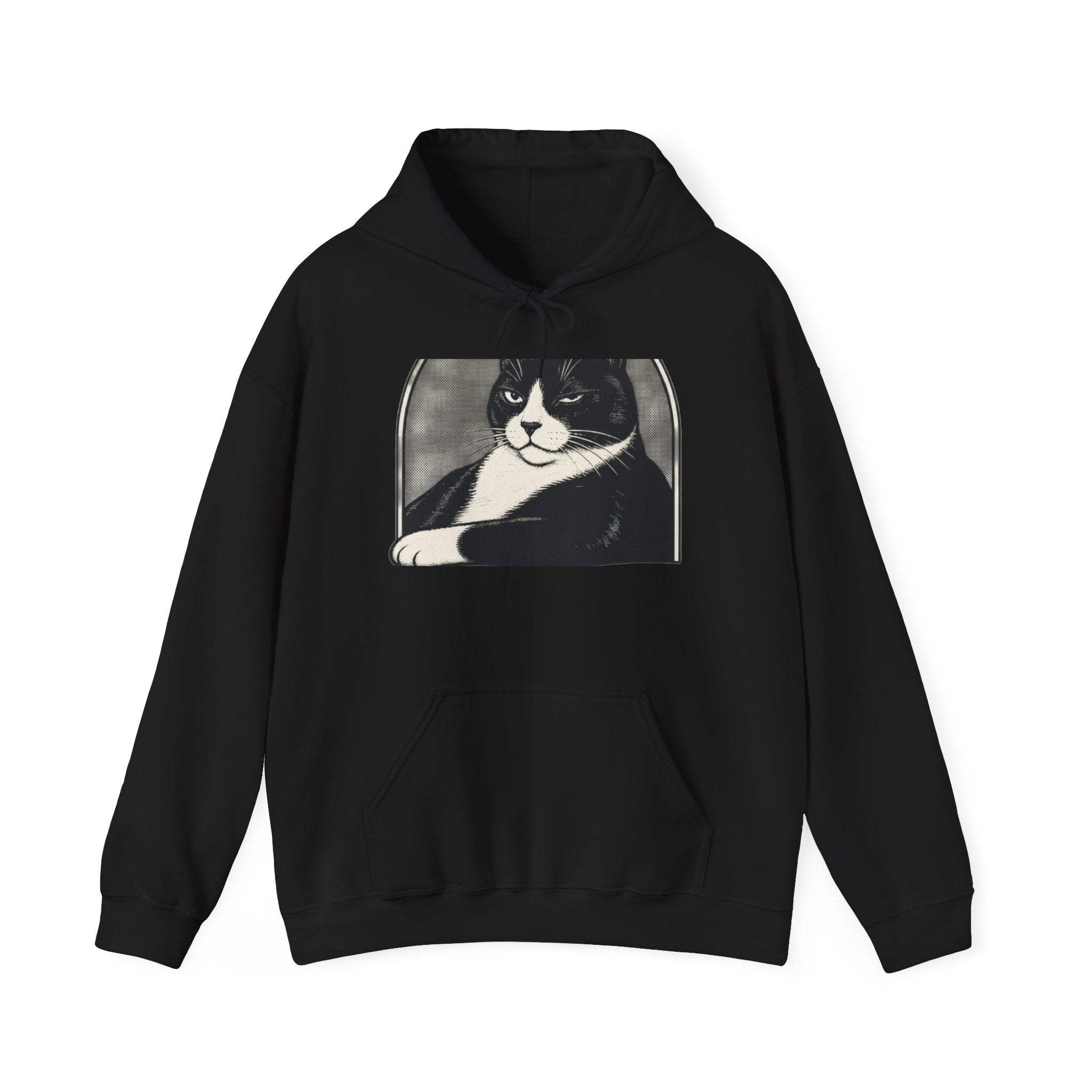Black hoodie with spooky black and white cat graphic, perfect Halloween cat lover gift